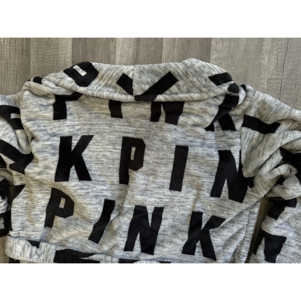 Victoria's‎ Secret PINK Robe Gray Black Logo Plush Tie Waist Cozy M/L - Picture 14 of 15
